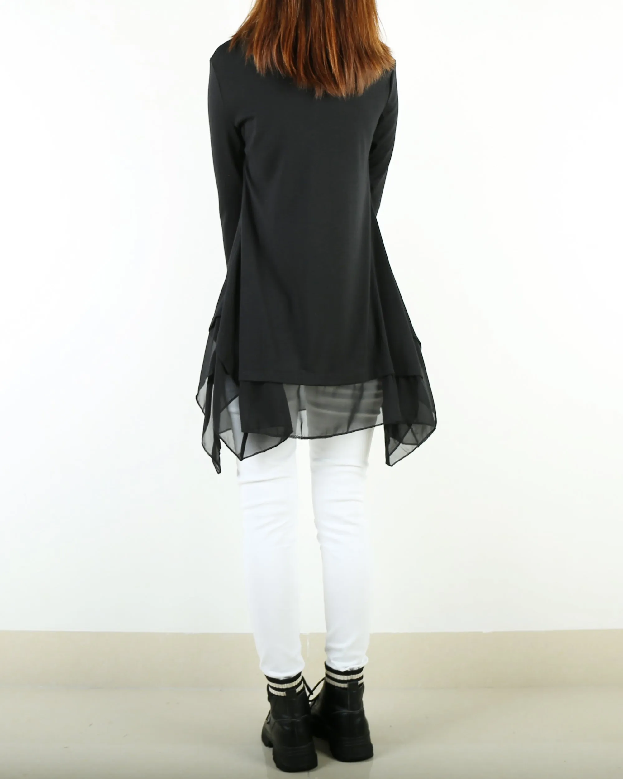 Women's cotton and chiffon t-shirt/asymmetrical dress/plus size tunic top/oversized t-shirt/long sleeve t-shirt/customized blouse/black top (Q1058)