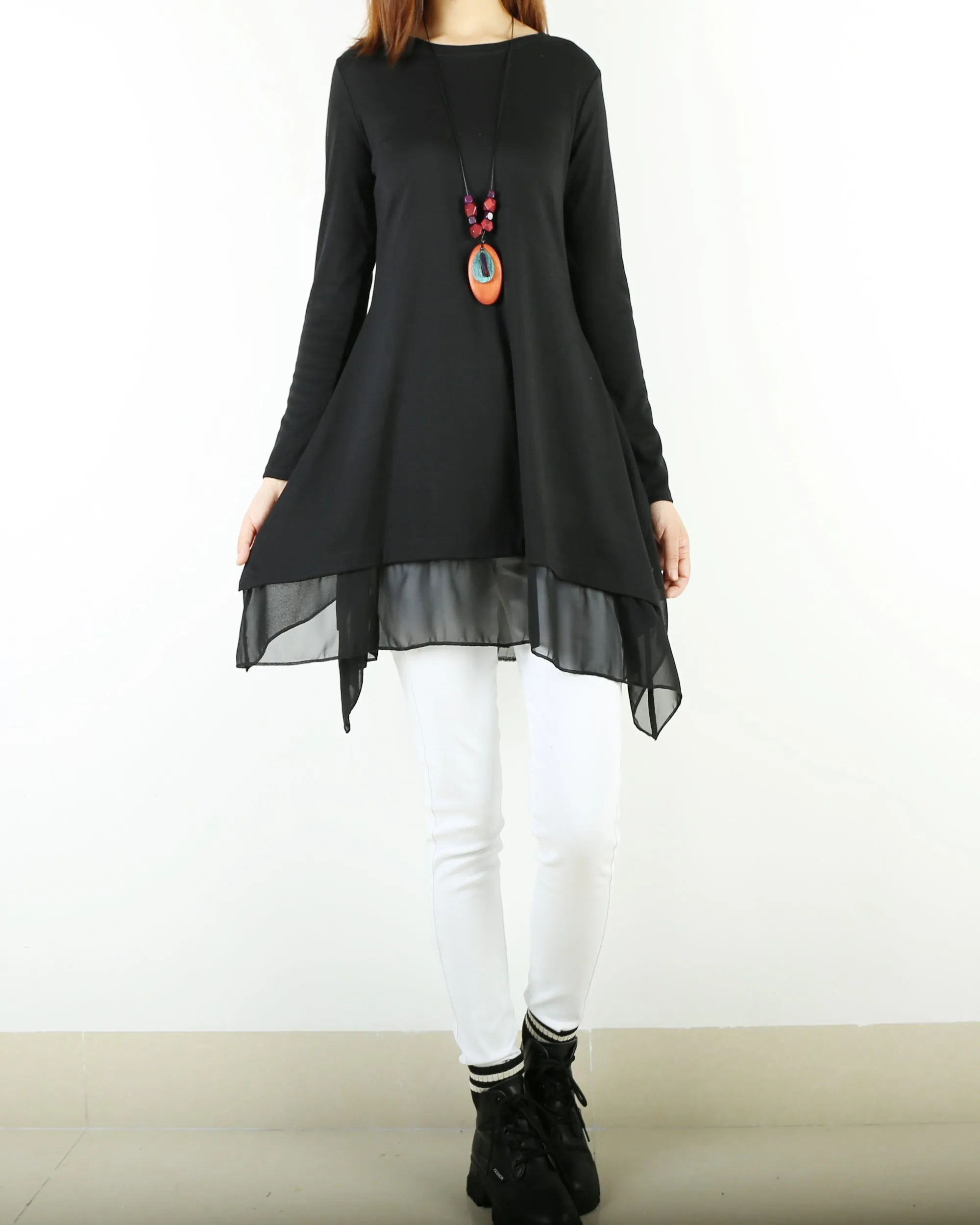 Women's cotton and chiffon t-shirt/asymmetrical dress/plus size tunic top/oversized t-shirt/long sleeve t-shirt/customized blouse/black top (Q1058)