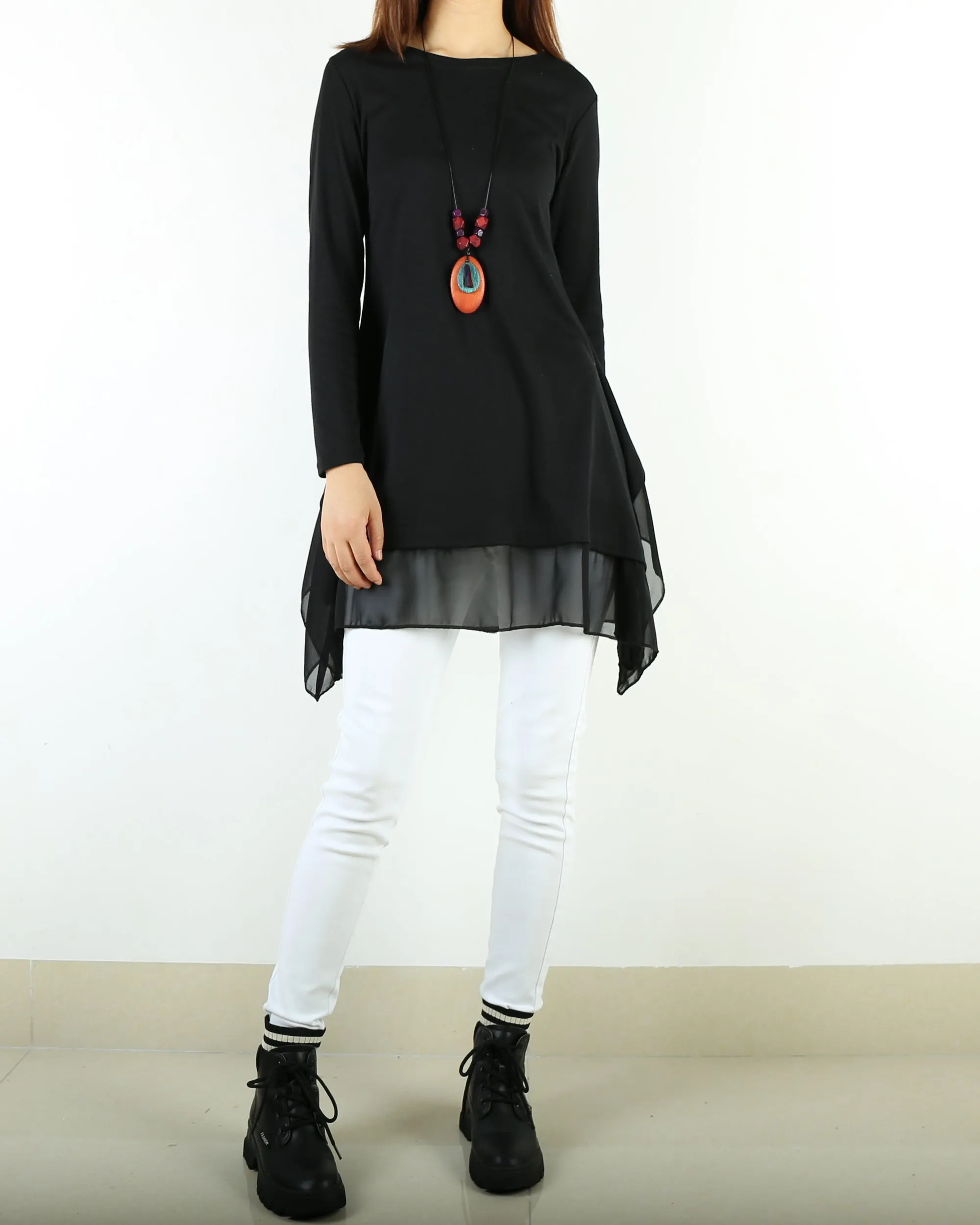 Women's cotton and chiffon t-shirt/asymmetrical dress/plus size tunic top/oversized t-shirt/long sleeve t-shirt/customized blouse/black top (Q1058)