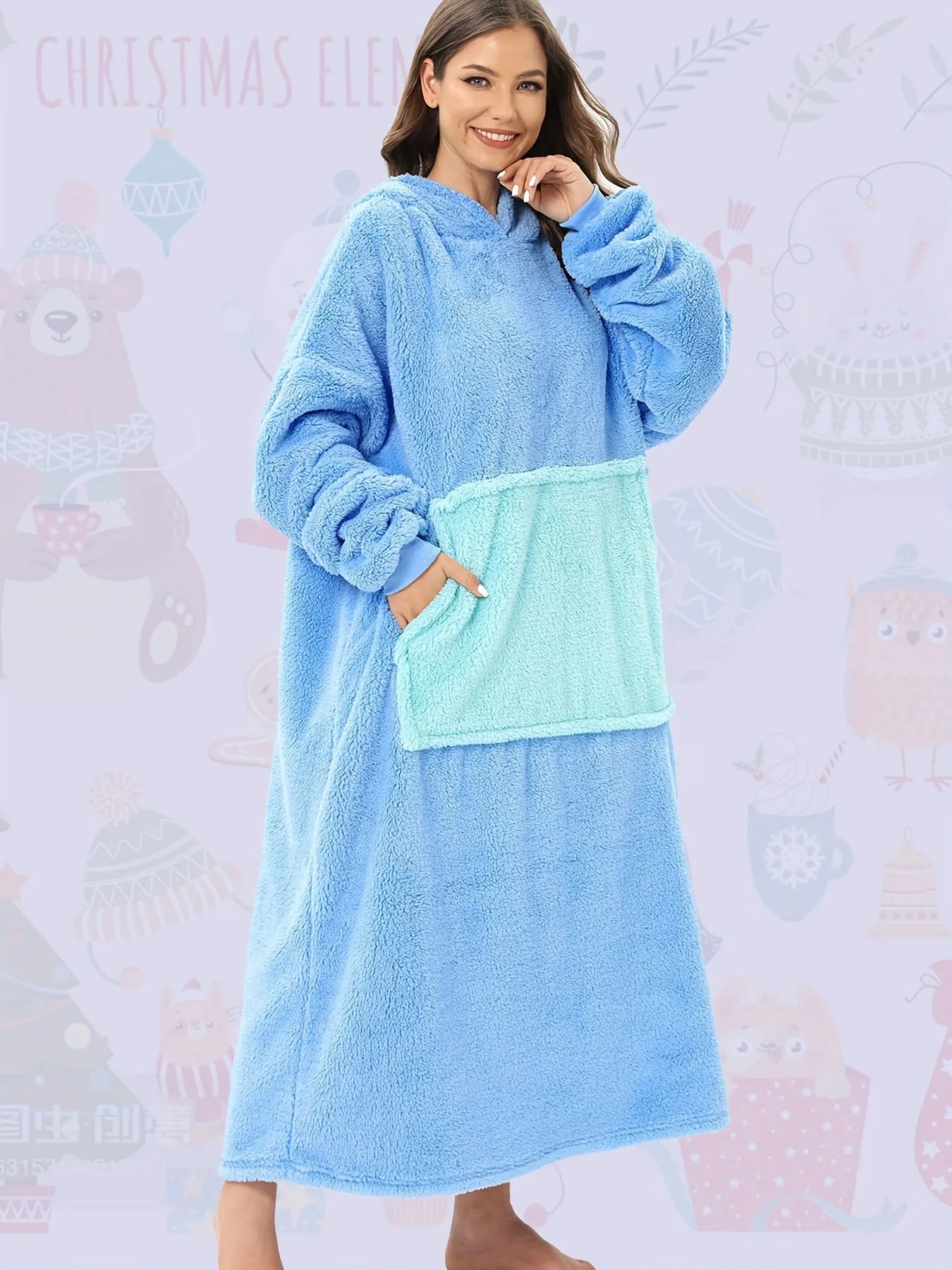 Women's Fleece Wearable Blanket Hoodie, Cute Cartoon Animal Design, Long Plush Bathrobe With Pockets, Casual Loose Fit, Warm Night Robe For Fall & Winter