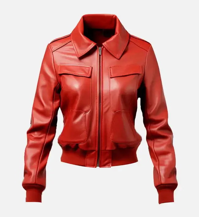 Women’s Red Leather Jacket Bomber Style