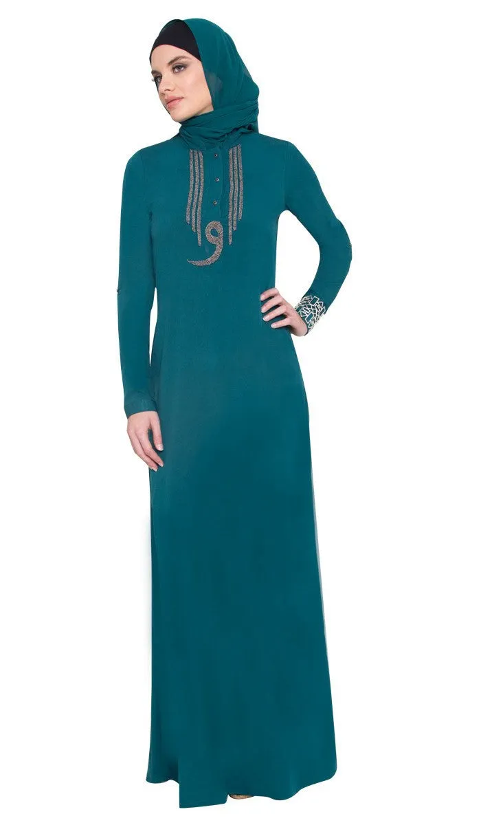 Wow Long Sleeve Modest Muslim Formal Abaya Dress - Teal Green - FINAL SALE