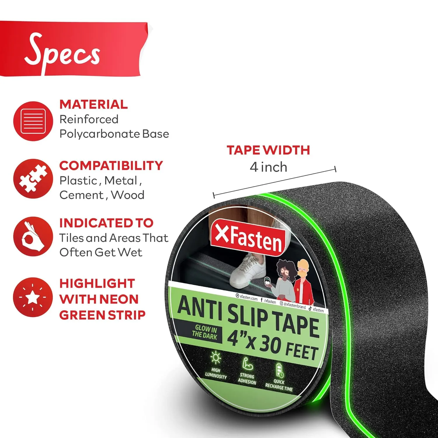 XFasten Anti Slip Tape with Green Glow in the Dark Strip 4” x 30ft Outdoor Stair Treads Waterproof Non-Slip Grip Tape for Stairs Tread Tape, Anti Skid for Steps Outdoor Step Grips Safety Traction Tape