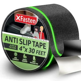 XFasten Anti Slip Tape with Green Glow in the Dark Strip 4” x 30ft Outdoor Stair Treads Waterproof Non-Slip Grip Tape for Stairs Tread Tape, Anti Skid for Steps Outdoor Step Grips Safety Traction Tape