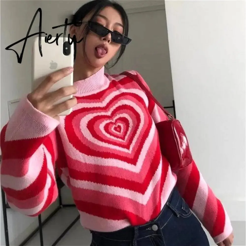 Y2K Sweater Turtleneck Aesthetics Heart Printed Casual Colorful Soft Knitted Turtleneck Pullovers Long Sleeve Knitwear Crop Tops